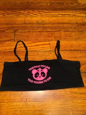 Black Bandeau Crop Top with Pink Panda Graphic